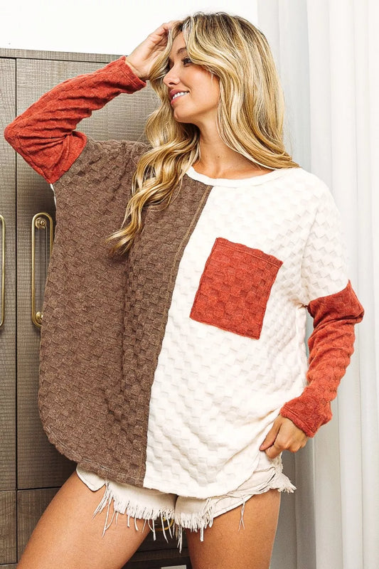 Trendsi BiBi Color Block Brushed Checker Top MOCHA RUST