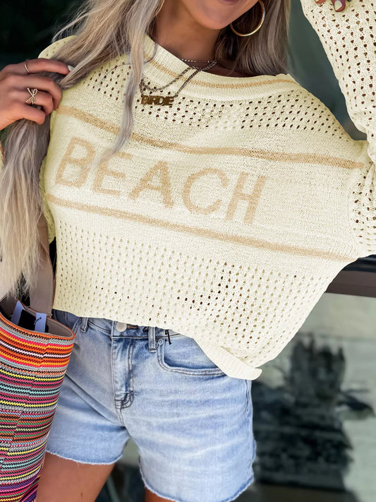 BEACH Hollow Out Knitted Lightweight Dolman Sweater Ivory Easy Apparels
