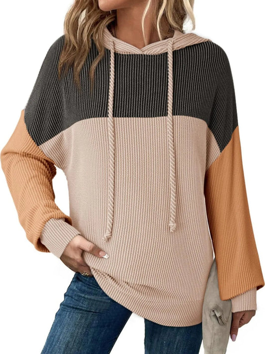 Trendsi Drawstring Color Block Long Sleeve Hoodie Black Khaki
