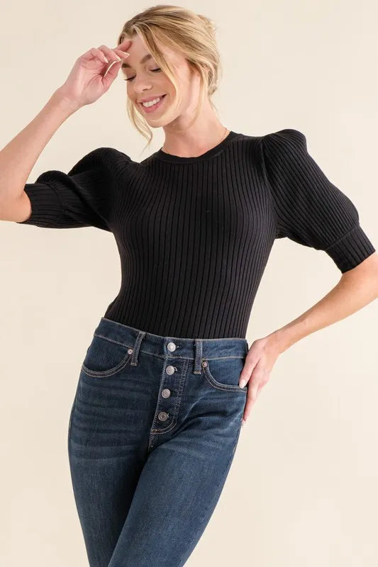 Trendsi And The Why Puffed Half Sleeve Rib Basic Bodysuit