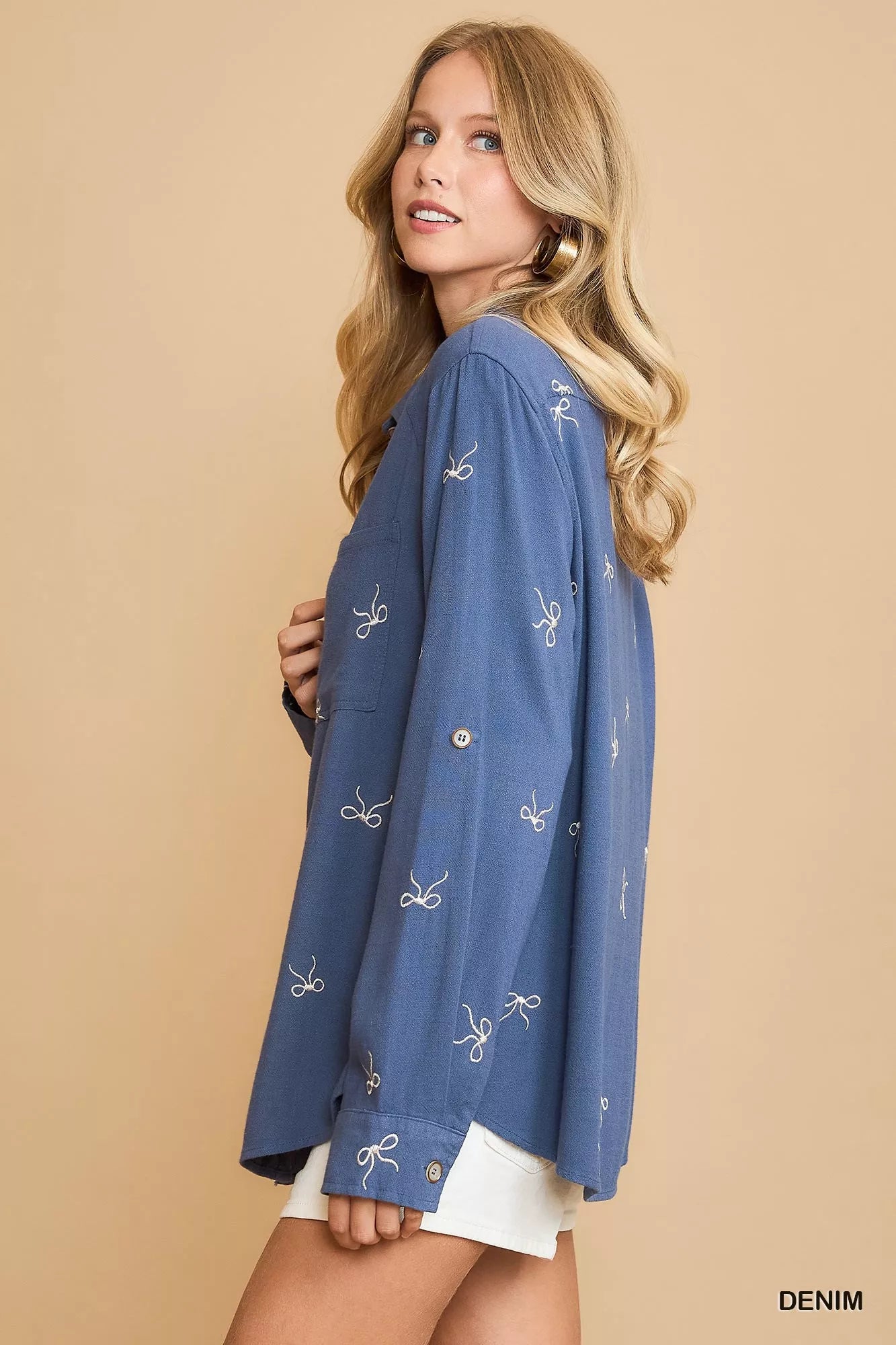Umgee Linen Blend Fitted Shirt with Ribbon Embroidery Details Easy Apparels