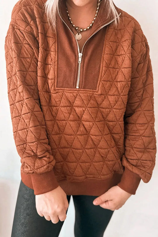 Trendsi Quilted Half-Zip Long Sleeve Sweatshirt Caramel