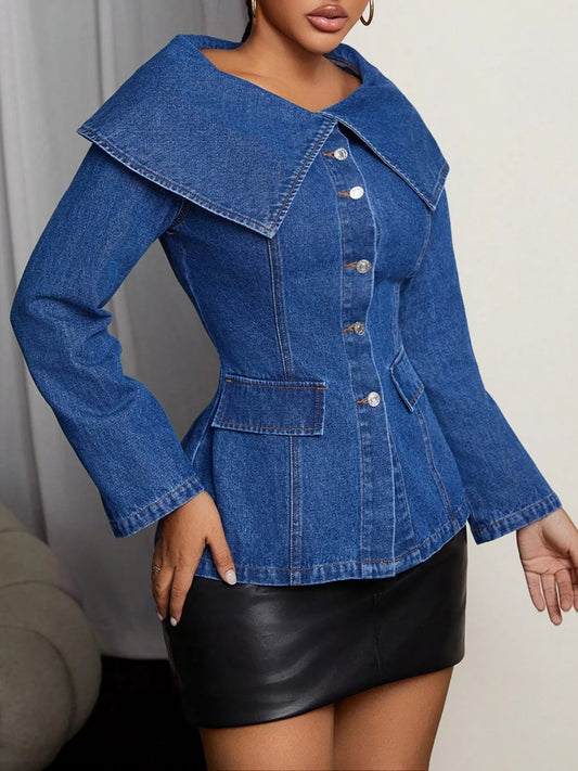 Button-Front Long Sleeve Denim Top Easy Apparels