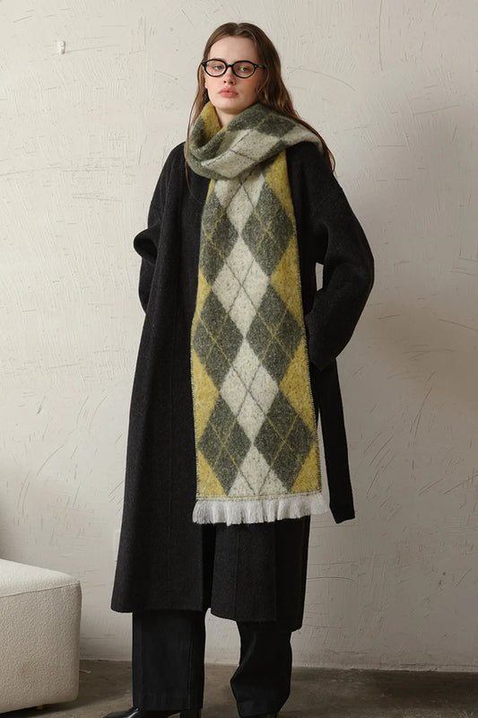 Fringe Argyle Polyester Scarf Moss One Size Easy Apparels
