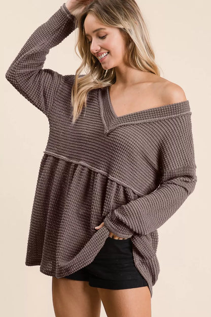 Trendsi BiBi Waffle Knit V-Neck Babydoll Blouse