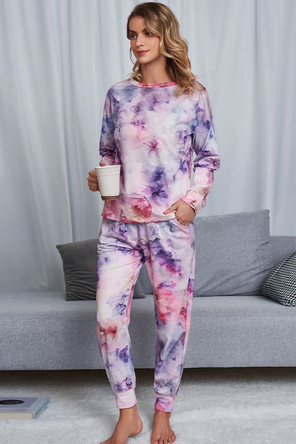 Shiny Tie-Dye Crewneck Top and Drawstring Waist Joggers Lounge Set Easy Apparels