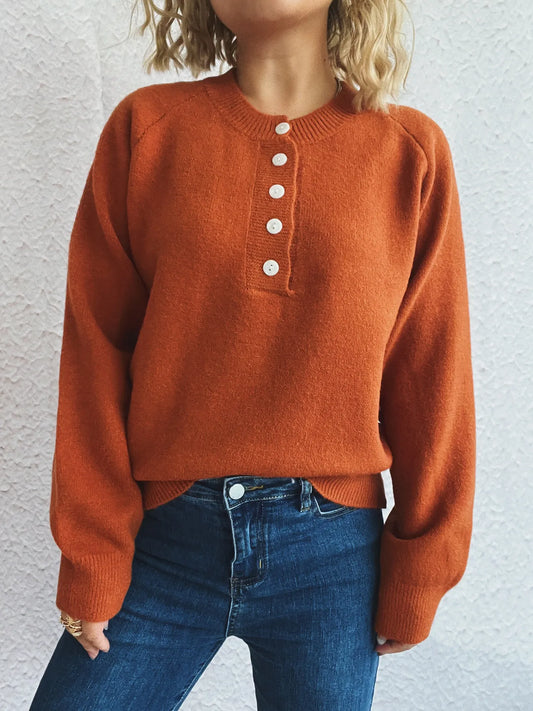 Trendsi Button-Front Long Sleeve Sweater Brown One Size