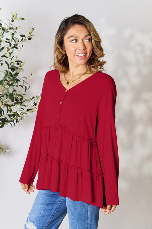 Trendsi Double Take Half Button Long Sleeve Ruffle Hem Blouse Burgundy