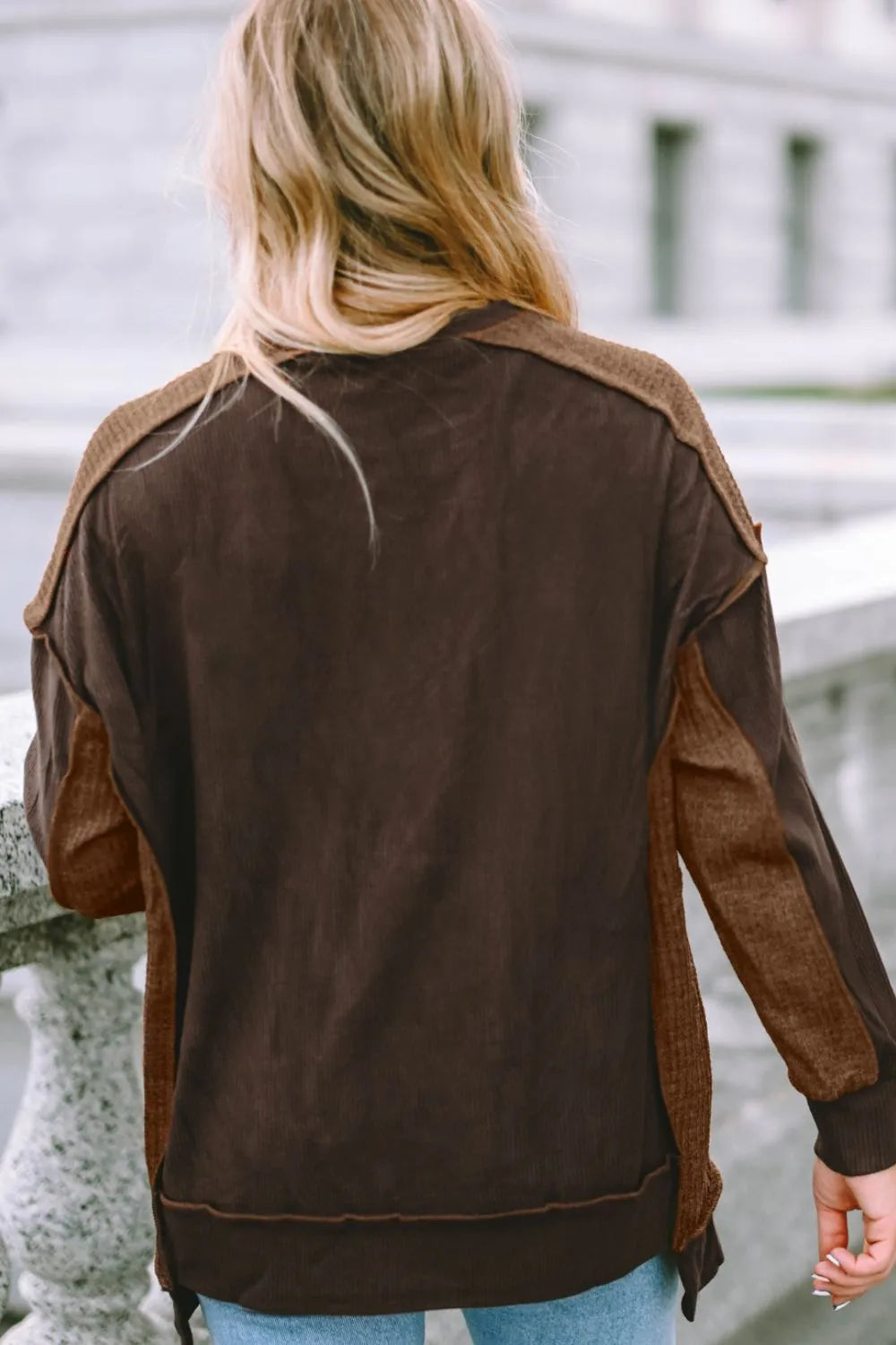 Trendsi Ribbed Exposed Seam Dropped Shoulder Blouse