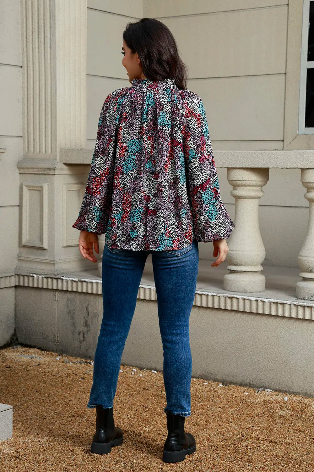 Trendsi Tie Neck Heathered Balloon Sleeve Blouse