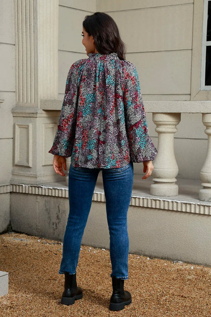 Trendsi Tie Neck Heathered Balloon Sleeve Blouse