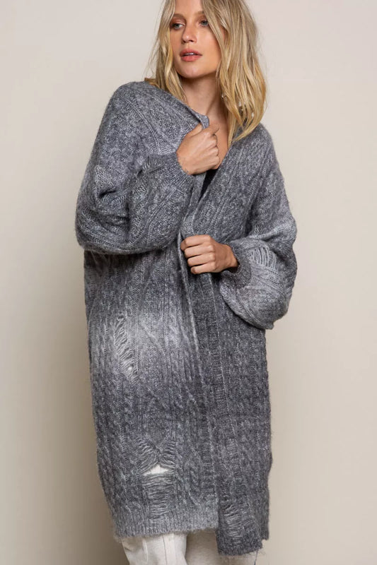 POL Distressed Cable-Knit Ombre Dying Cardigan COOKIES AND CREAM Easy Apparels