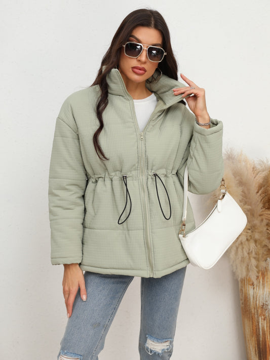Drawstring Waist Zip-Up Puffer Jacket Light Green Easy Apparels