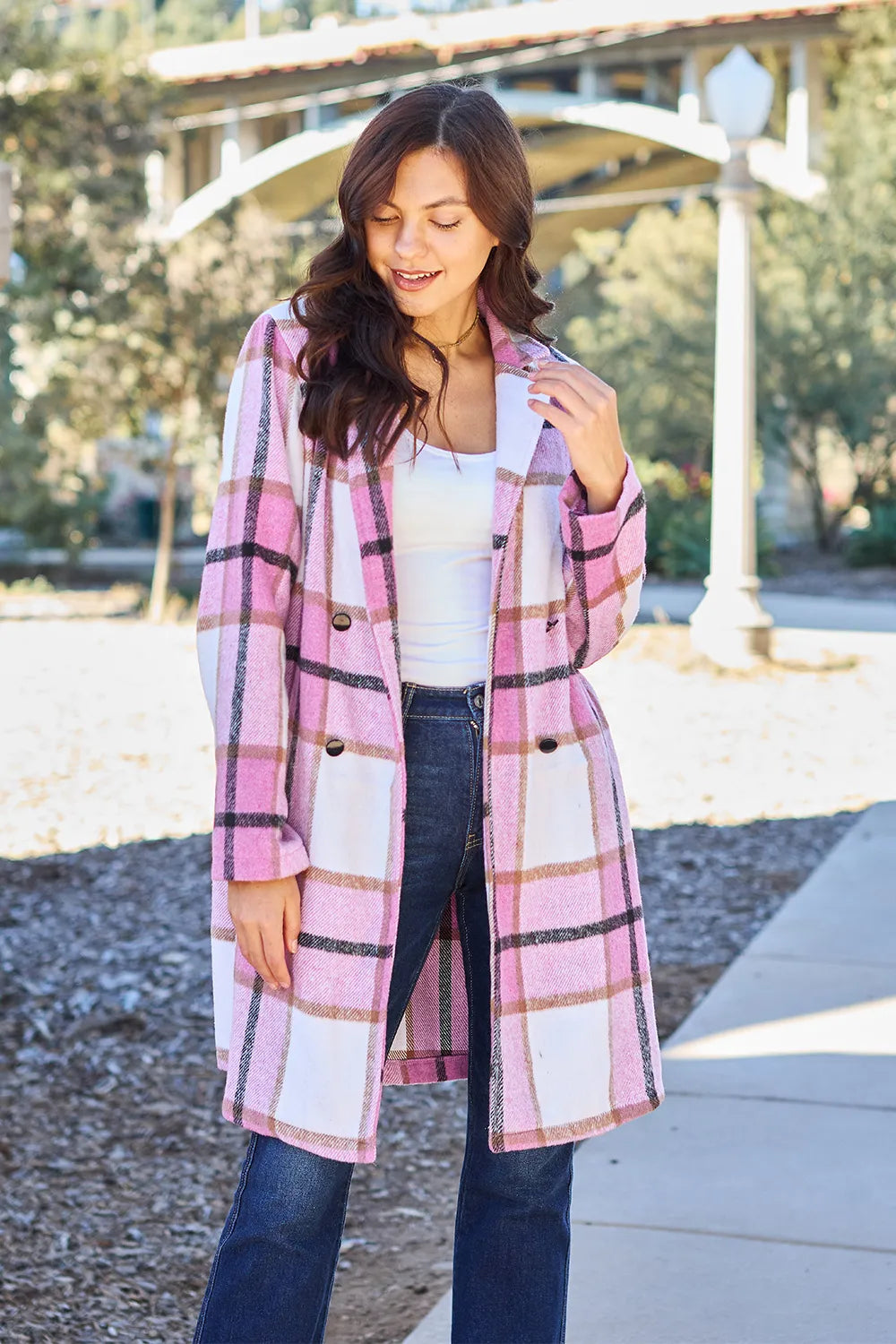 Double Take Full Size Plaid Button Up Lapel Collar Coat Carnation Pink Easy Apparels