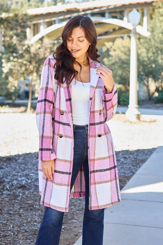 Double Take Full Size Plaid Button Up Lapel Collar Coat Carnation Pink Easy Apparels
