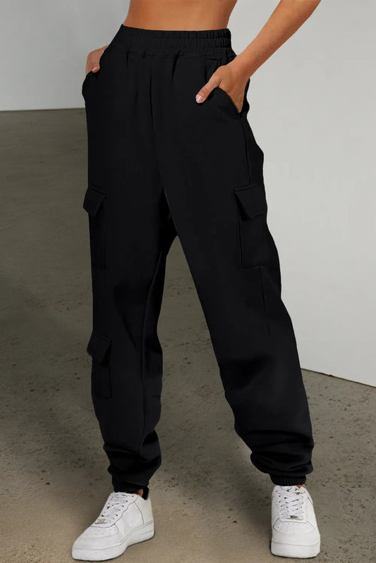 Pocketed Elastic Waist Active Joggers Black Easy Apparels