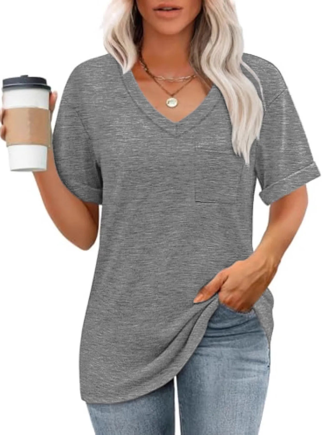 Trendsi V-Neck Pocket T-Shirt