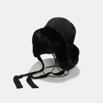 Thermal Tied Fuzzy Winter Hat Black One Size Easy Apparels
