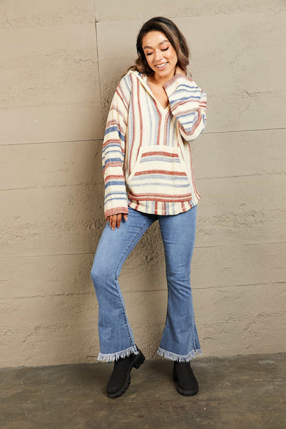 Striped Hooded Sweater with Kangaroo Pocket Easy Apparels