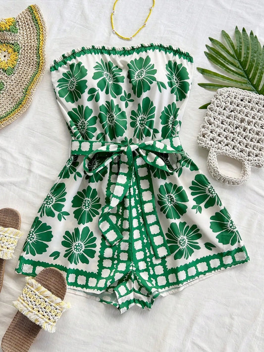Printed Tube Tie Waist Romper Green Easy Apparels