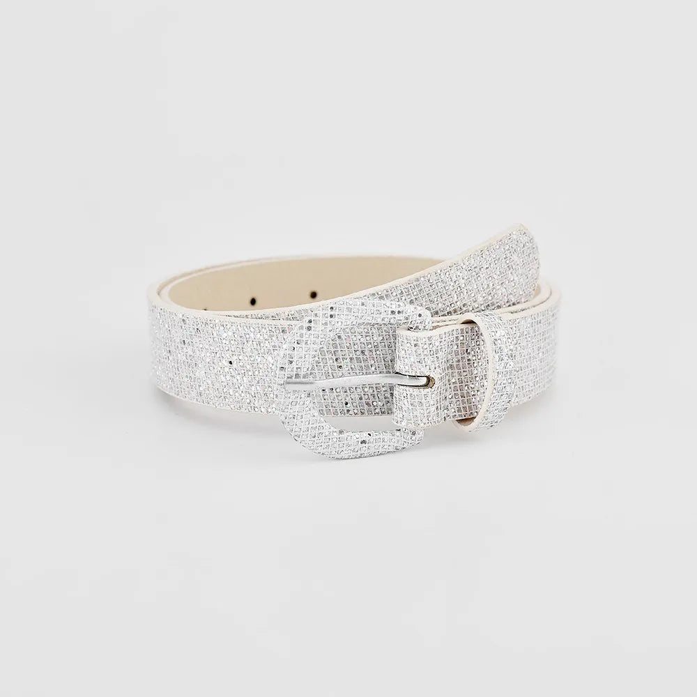 Sequin PU Leather Belt Silver Easy Apparels