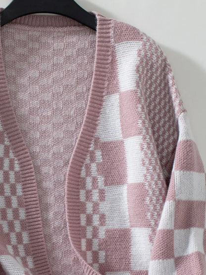 Double Take Checkered Open Front Dropped Shoulder Cardigan Easy Apparels
