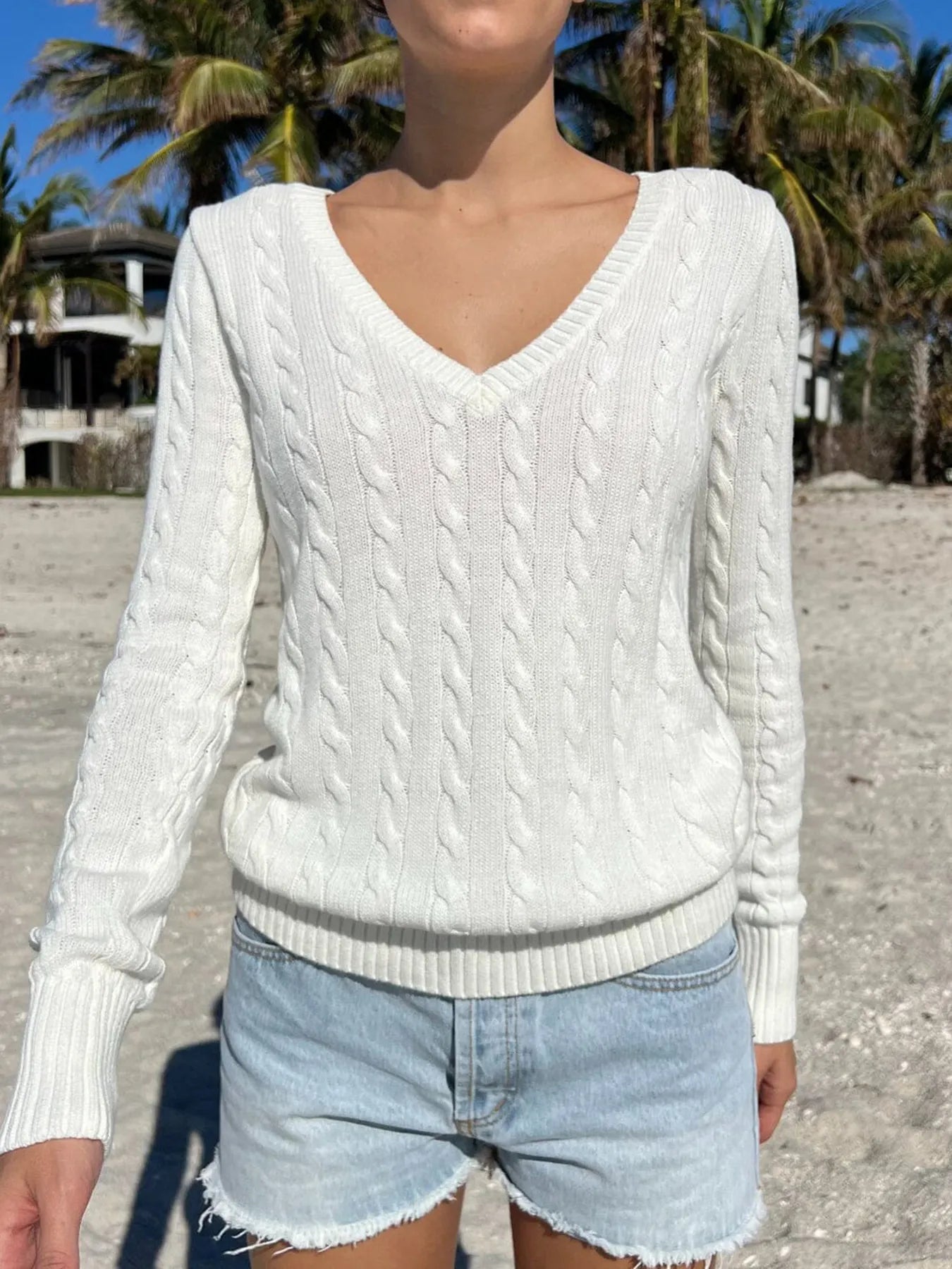 Trendsi Cable Knit V-Neck Sweater