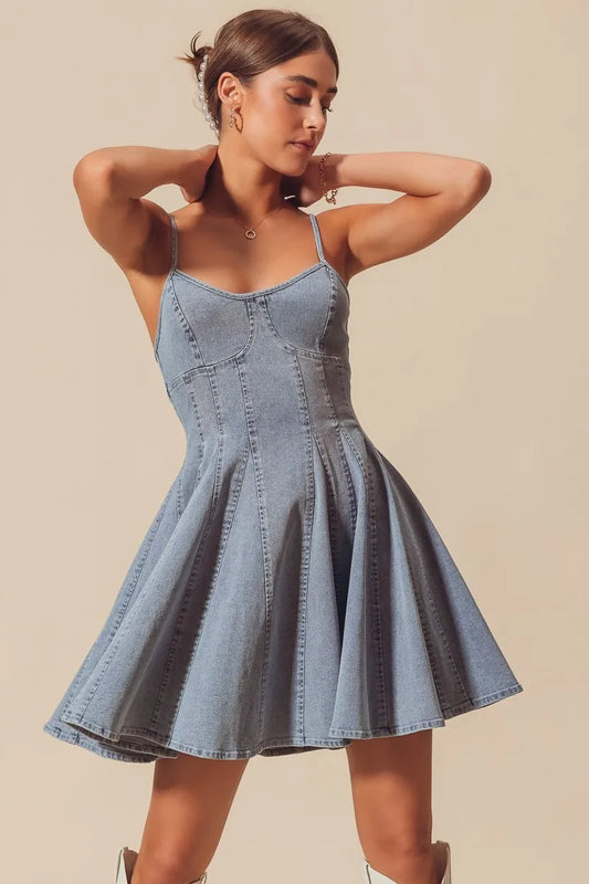 SO ME A Line Fit and Flare Denim Mini Dress DENIM Easy Apparels
