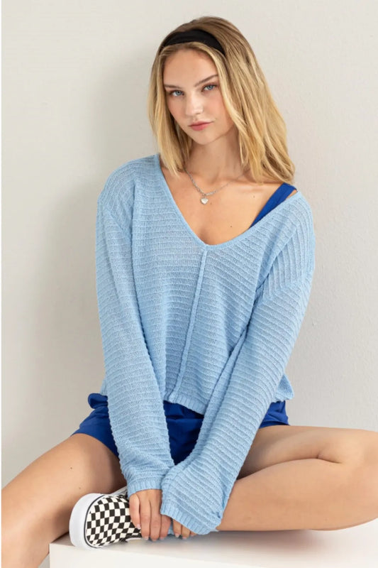 Trendsi HYFVE V-Neck Stripe Texture Long Sleeve Top BABY BLUE