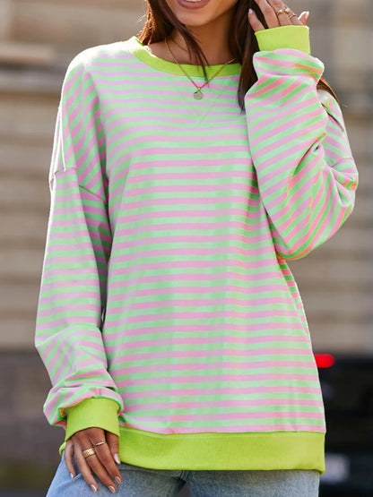 Trendsi Striped Contrast Ribbed Trim Drop Shoulder Sweatshirt