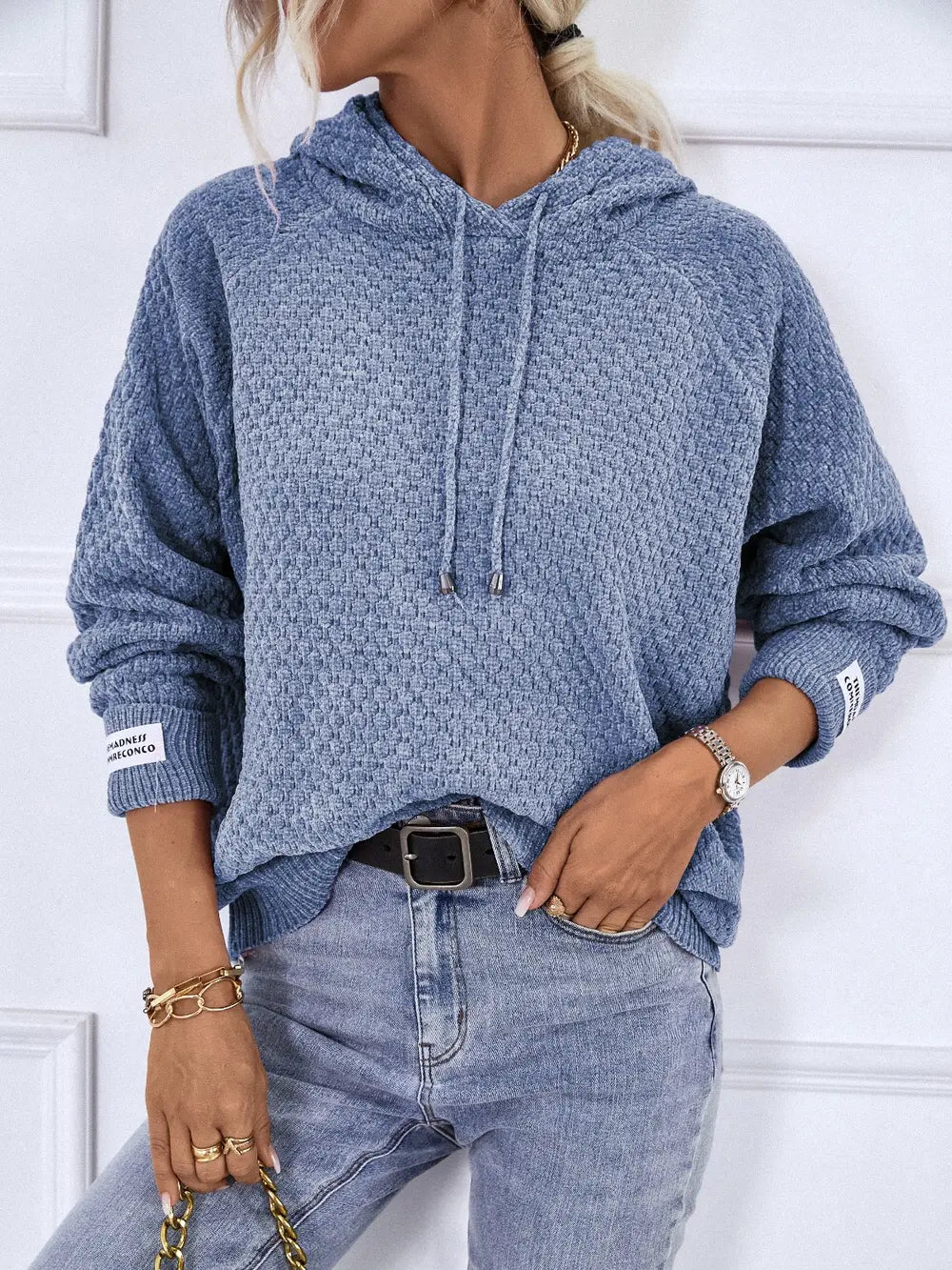 Texture Drawstring Long Sleeve Hooded Sweater Easy Apparels