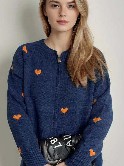 Heart Round Neck Zip Up Cardigan Dark Blue One Size Easy Apparels