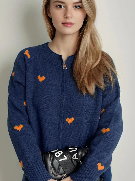 Heart Round Neck Zip Up Cardigan Dark Blue One Size Easy Apparels