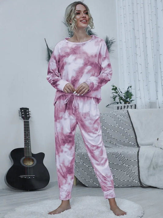 Shiny Tie-dye Round Neck Top and Drawstring Pants Lounge Set Carnation Pink Easy Apparels