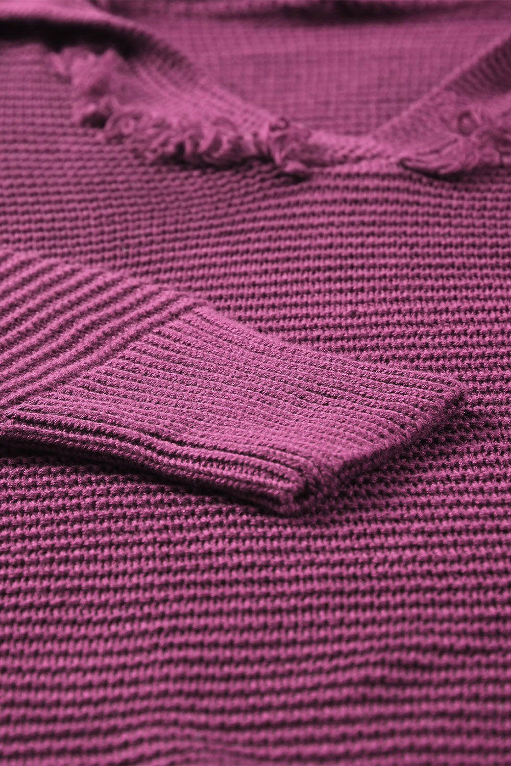 Woven Right Horizontal Ribbing Fringe Trim Hooded Sweater Easy Apparels