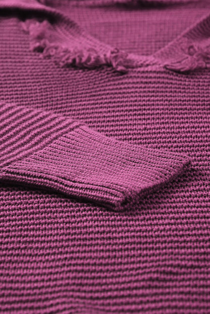 Woven Right Horizontal Ribbing Fringe Trim Hooded Sweater Easy Apparels