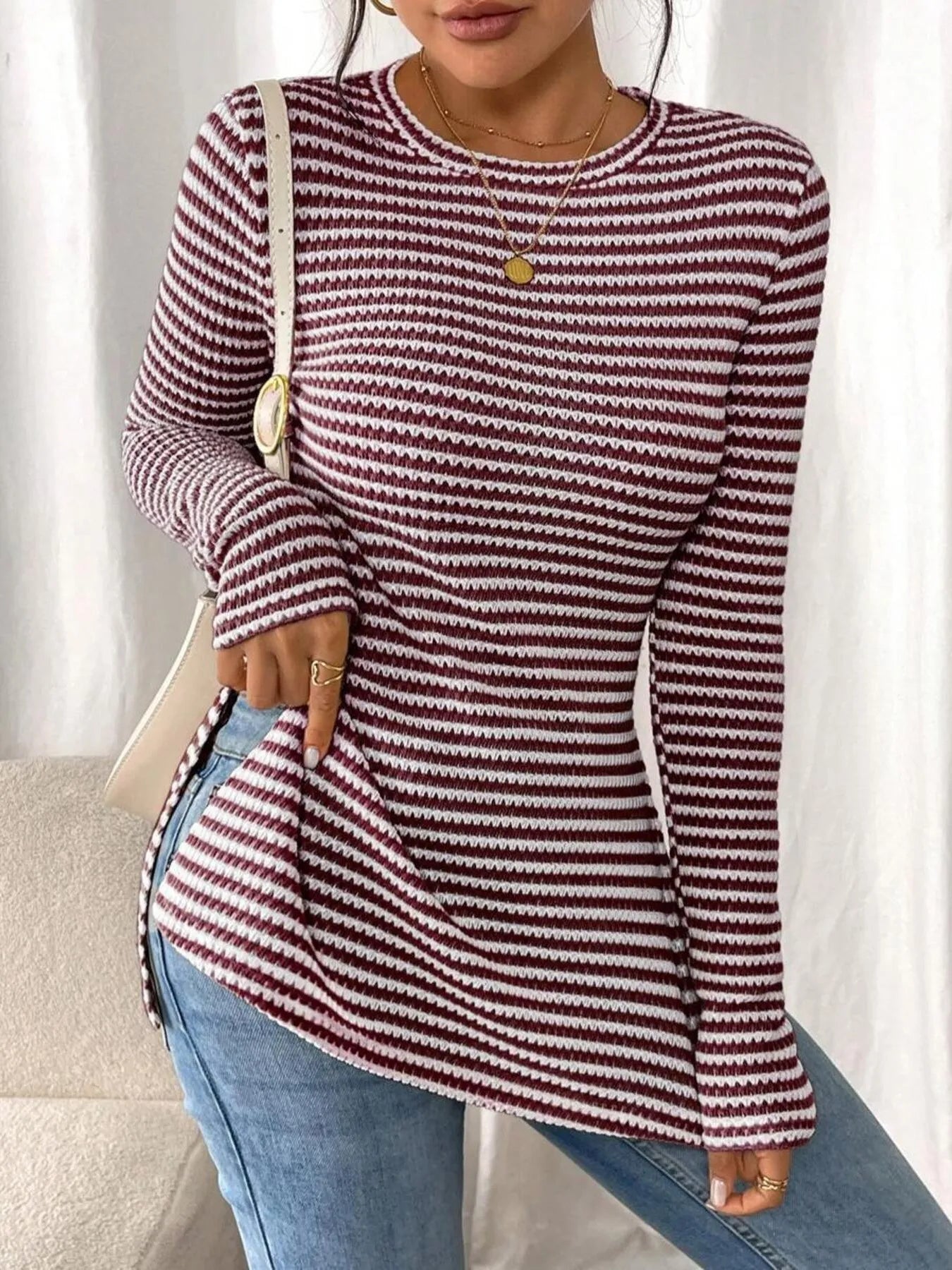Trendsi Side Slit Striped Long Sleeve T-Shirt