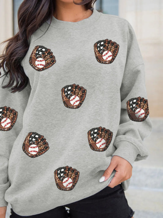 Trendsi Sequin Baseball Patched Casual Sweatshirt Gray