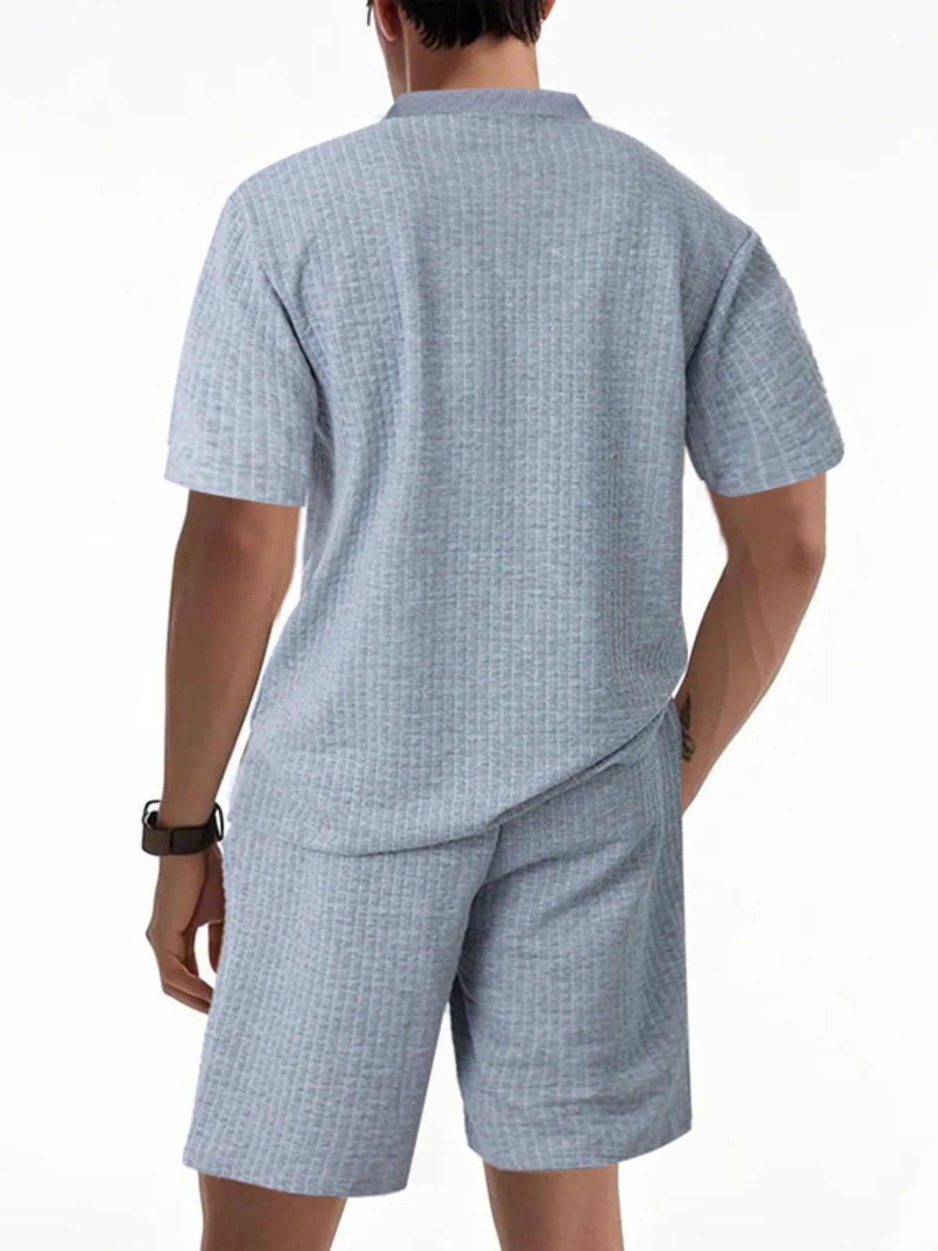 Men's Full Size Textured Round Neck Top and Shorts Set Plus SIze Light Gray Easy Apparels