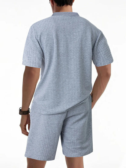 Men's Full Size Textured Round Neck Top and Shorts Set Plus SIze Light Gray Easy Apparels