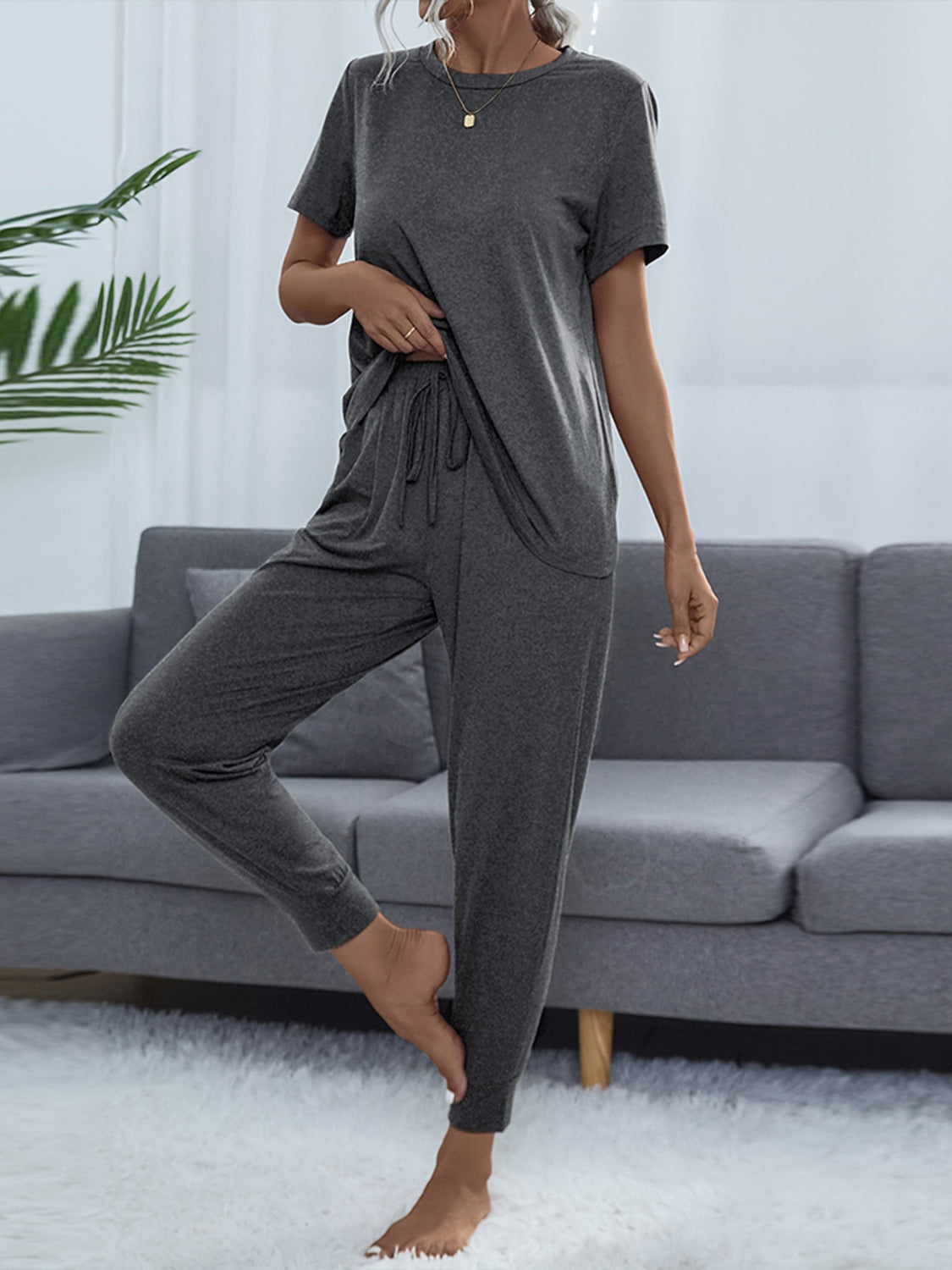 Shiny Round Neck Short Sleeve Top and Pants Set Charcoal Easy Apparels
