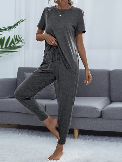 Shiny Round Neck Short Sleeve Top and Pants Set Charcoal Easy Apparels