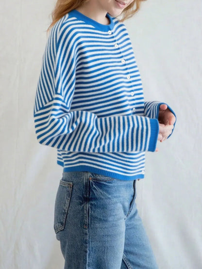 Striped Button Front Long Sleeve Cardigan Easy Apparels