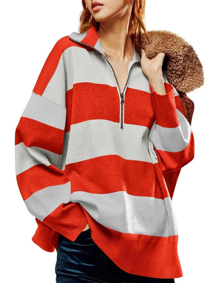 Trendsi Striped Half-Zip Oversized Sweatshirt Red