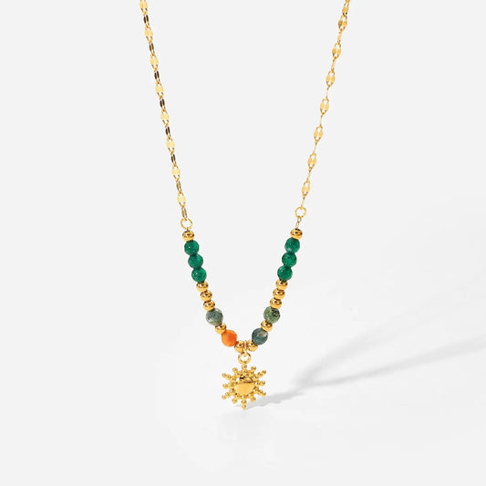 Bohemian Sun Charm Beaded Stainless Steel Necklace Gold One Size Easy Apparels