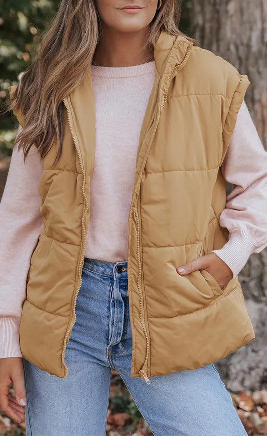 Zip Up Vest Coat with Pockets Tan Easy Apparels