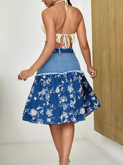 Floral Denim Skirt with Frayed Hem Detail Easy Apparels