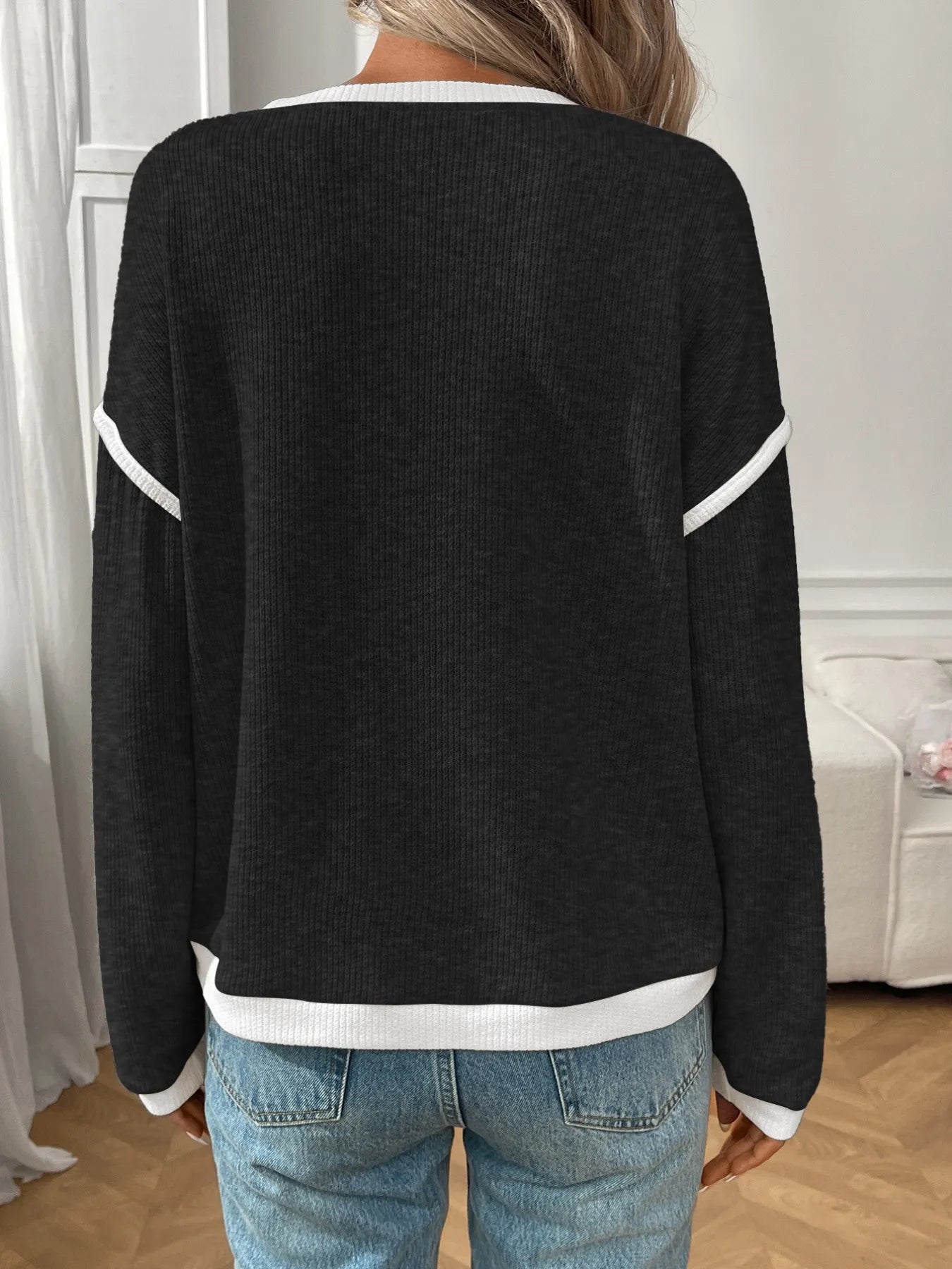 Trendsi Ribbed Contrast Trim Long Sleeve Top