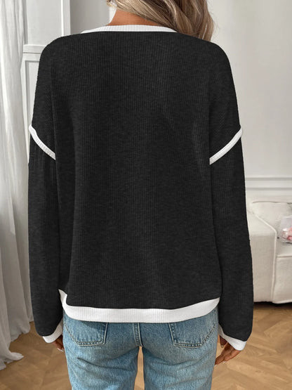Trendsi Ribbed Contrast Trim Long Sleeve Top