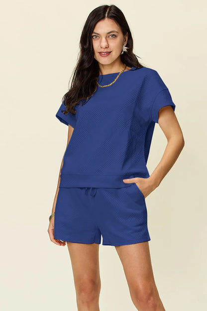 Double Take Full Size Texture Short Sleeve T-Shirt and Drawstring Shorts Set Royal Blue Easy Apparels